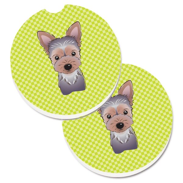 Carolines Treasures Checkerboard Lime Green Yorkie Puppy Set of 2 Cup Holder Car Coaster BB1294CARC - main